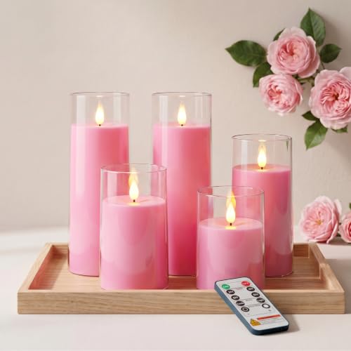 Image of Raycare Battery Operated Flameless Pillar Candles with Remote Timer, Pink | LED Acrylic Candle, Romantic Ambience for Valentine's Day, Birthday Parties, Wedding Settings, Christmas Home Decor, Set of 5