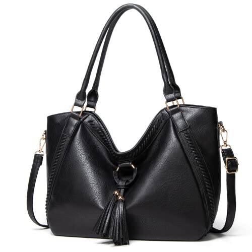 Womens Handbags Soft Leather Large Capacity Retro Vintage Top-Handle Casual Tote Shoulder Cross-Body Bags Black