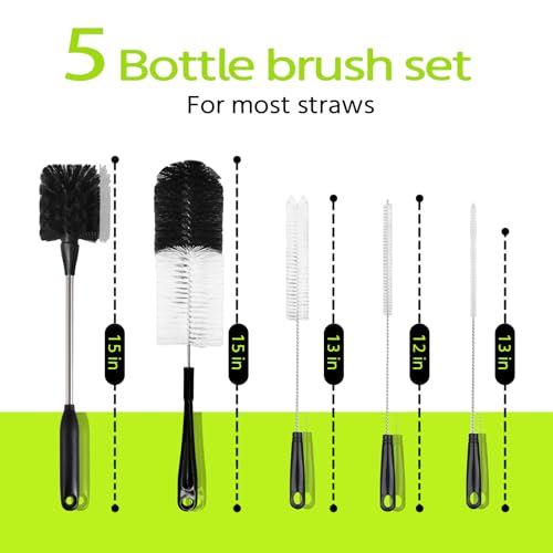 Image of 5 Pack Bottle Brush, 15in Stainless Steel Water Bottle Brush, 3 Straw Brushes, for Cleaning Baby Bottles, Sports Water Bottle, Wine Decanters, Coffee Mug, Narrow Bottle, Tumblers, Flasks, Round Head