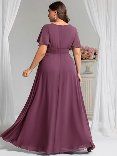 Image of Ever-Pretty Plus Elegant Formal Dresses for Curvy Women Round Neck Short Sleeves Chiffon Bridesmaid Mother of The Bride Dress
