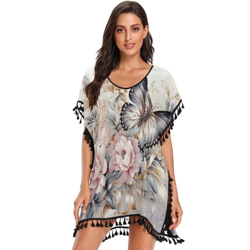 Oil Painting Flower Butterfly Art Women's Beach Cover Up Chiffon Tassel Swimwear Swimsuit Coverups for Girl