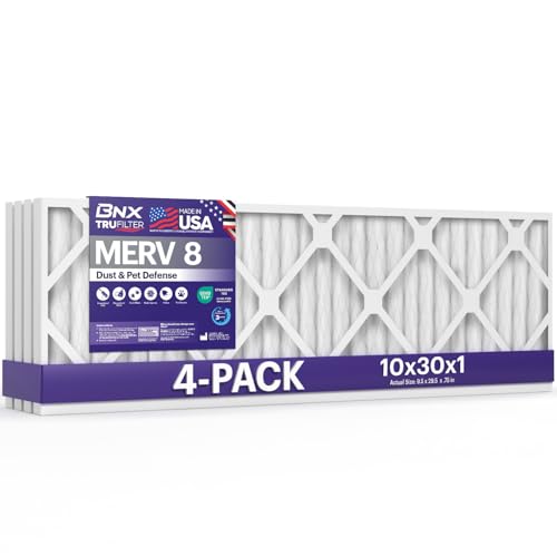 BNX TruFilter 10x30x1 Air Filter MERV 8 (4-Pack) - MADE IN USA – Dust & Pet Defense Electrostatic Pleated Air Conditioner HVAC AC Furnace Filters for Dust, Pet, Mold, Pollen MPR 600 – 700 & FPR 5