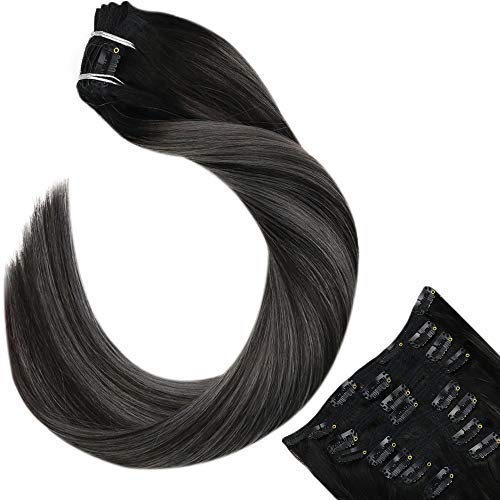 Clip in Hair Extensions Human Hair 18 Inch Full Head Clip in Hair Extensions Balayage #1B Off Black Ombre Black with Silver 10PCS 120Gram Hair Extensions Clip Human Hair