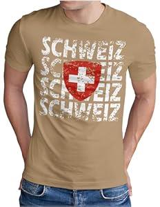 OM3® Switzerland T-Shirt - Herren - Schweiz Teamshirt Helvetia Swiss Suisse Flagge Fussball WM 2026 Fanshirt I - Khaki, XL