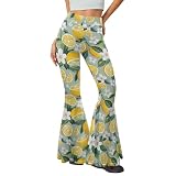 Talayituse Lemon Flower Leaf Print High Waisted Bootleg Pants for Women Flare Leggings Sweatpants Bell Bottoms Bootcut Yoga Pants Plus Size, M