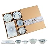 7 Pcs Japanese Style Ceramic Sushi Plate Set include 8.4 inch Rectangle Sushi Plates, 2 Sauce Bowls,2 Sauce Dish and 2 Pairs of Chopsticks for Dinner,Parties,Meat,Dessert,Dishwasher and Microwave Safe