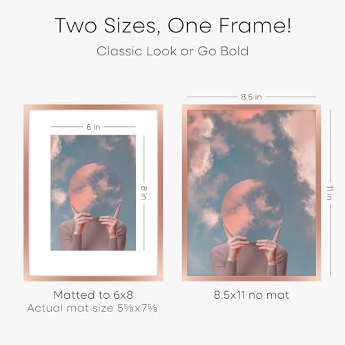 Image of Homeforia 8.5x11 Rose Gold Frame, High End Metal 8.5 x 11 Picture Frames with Mat 6 by 8 inch Photo, 11x8.5 Poster Frame Matted to 6x8 Print, Wall or Tabletop Frame, Tempered Glass, Wall Kit, Set of 1