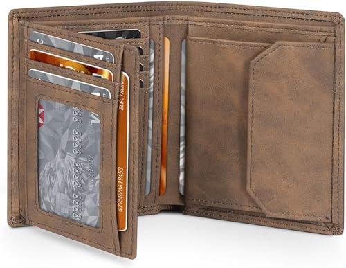 TEEHON Carteras para Hombre de Cuero, Tarjetero Hombre con Bloqueo RFID con 12 Tarjeteros, 1 Ventana para ID y Foto, Bolsillo para Monedas, Compartimentos para Billetes, con Caja de Regalo   Marrón