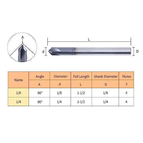 Image of ISB 90 Degree Chamfer End Mill, 1 /8'' Diameter Carbide Chamfering Mill, 4 Flute CNC V Bit for Carving V Groove and Chamfering