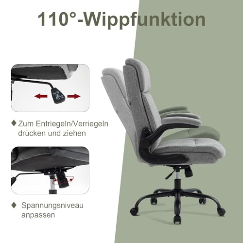 CASTLOVE Ergonomischer Bürostuhl - Schreibtischstuhl mit Rückenlehne - Hochklappbare Armlehne - Hohe Rückenlehne - Höhenverstellbar - Wippfunktion (Bürostuhl Stoff Grau Max. 150 kg)