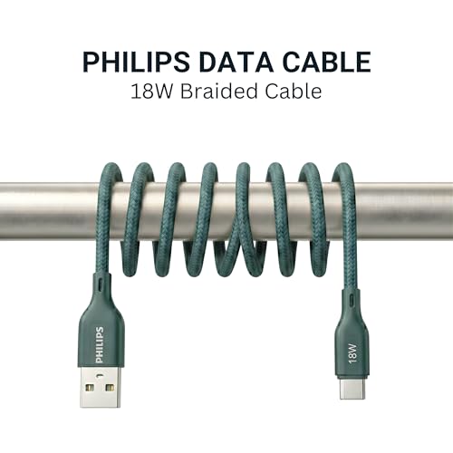 Image of PHILIPS DLC4160AT /94 18W Type-A to Type-C Fast Charging Cable (2m, Crystal Teal) | Nylon Braided | Compatible with iPhone 15+ Series, USB-C iPad Models, Samsung Galaxy & All Type C Devices