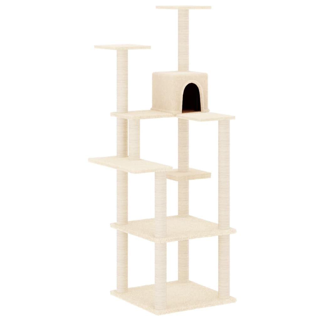 Kratzbaum 153 cm hoch mit Sisal-Kratzsäulen, Kletterbaum mit Katzenhaus und Aussichtsplattformen, Katzenkratzbaum für Indoor-Katzen, Creme
