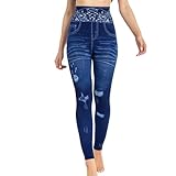 Dehnbare Leggings für Damen, Denim-Druck, hohe Taille, Yogahose für Workout, bequem, elastisch, Fitness, Laufen, Freizeitkleidung, navy, L
