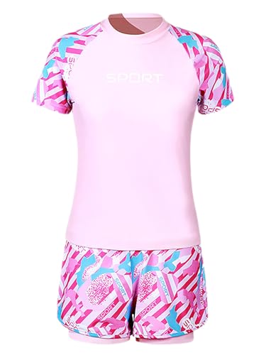 TTAO Big Girls 2 Pieces Athletic Rash Guard Sets Floral Short Sleeve Swim Shirts with Swim Shorts