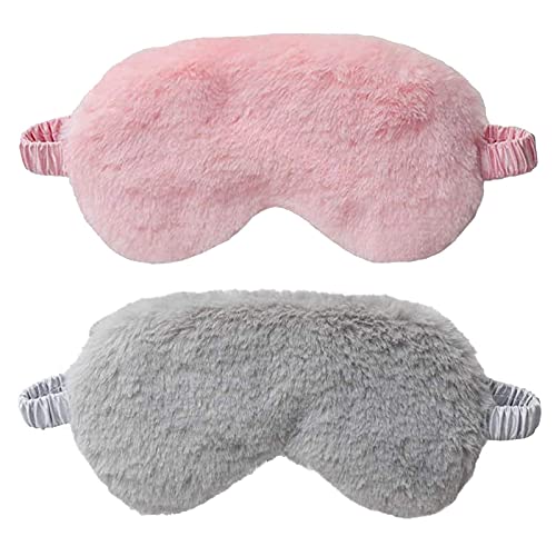 2 Stück Augenmaske,Augenmaske Frauen,20.5*9.5cm Plüsch-Augenmaske,Schlafmaske,mit Verstellbarem Gummiband,Fleece-Augenbinde für Frauen und Herren,Mädchen,Schlafen,Reisen(Grau,Pink) Cover