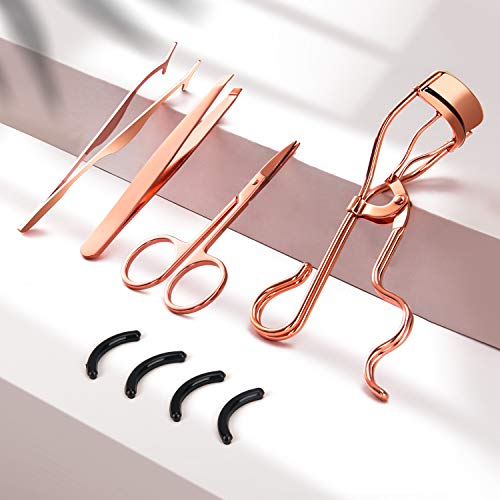 Eyelash Curler, Terresa 4 in 1 Beauty Eye Lash Curlers with Tweezers and Replacement Silicone Refill Pads, Women Makeup Kits for All Eye Shapes (Rose Gold)