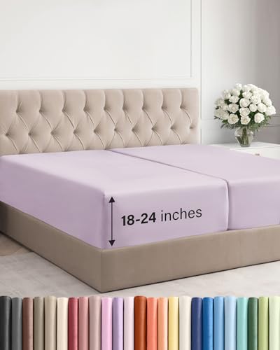 Image of Extra Deep Split King Fitted Sheet - Single Fitted Sheet - Light Lavender | Easily Fits 18 inch to 24 inch Mattress, Soft, Wrinkle Free, Breathable & Comfy, Extra Deep Pockets Hotel Luxury Fitted Sheet