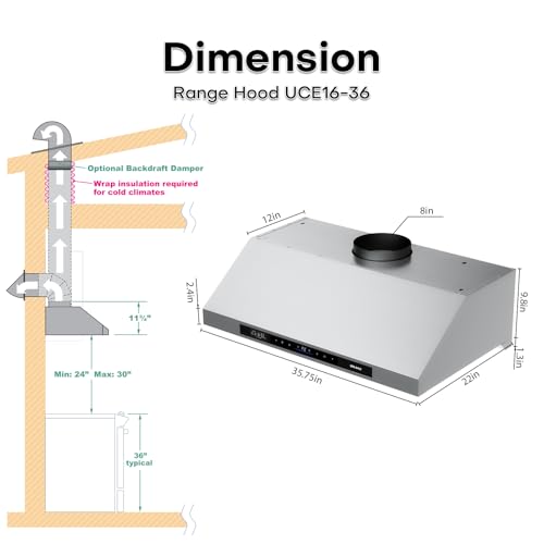 Image of BRANO Under Cabinet Range Hood, 1200 CFM DC Motor Kitchen Hood with 6 Speeds Fan, Stainless Steel Ducted Vent Hood with Voice /Gesture /Touch Control & Memory Mode (36 Inch)