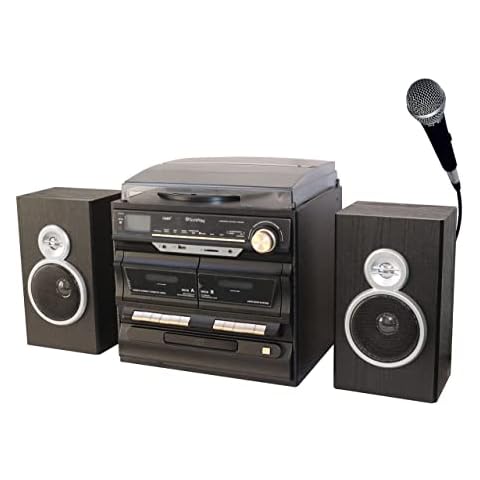 TechPlay Karaoke Enabled, 30W RMS, Retro Classic Turntable, NFC Bluetooth, Double Cassette Player/Recorder, CD MP3 Player, USB SD Ports, AM/FM Digital Alarm Clock and Full Remote Control (Black) Cover