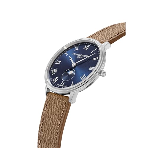 Frederique Constant Swiss Made Classic Quartz Moonphase Silver Stainless Steel Case Watch and Brown Leather Strap Blue Dial, Style:FC-206RN3S62