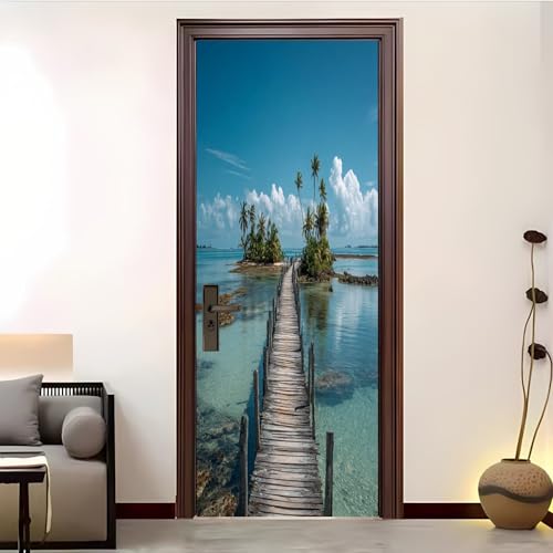 Vinilo Autoadhesivo Para Puerta 88x200 cm Paisaje De Isla Con Puente De Madera Pegatinas Puertas Impermeables, ExtraíBles Sin Residuos Azul Para DecoracióN De Dormitorio, BañO u Oficina