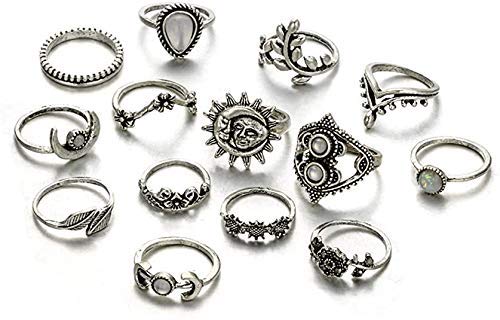 NICEMOVIC14 PCS Knuckle Stacking Rings for Women Girls,Boho Vintage Geometric Moon Sun Crystal Midi Finger Rings Set