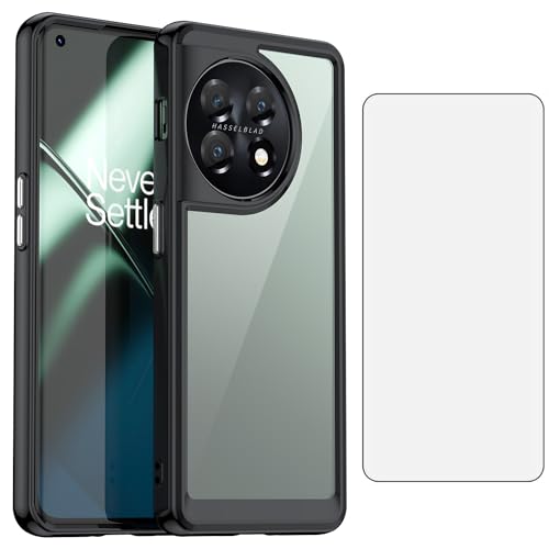 Asuwish Phone Case for OnePlus 11 5G with Tempered Glass Screen Protector Cover and Cell Accessories Slim Soft Silicone Rubber Mobile Protective One Plus11 1 Plus 1plus11 One+ 1+ Women Men Clear Black