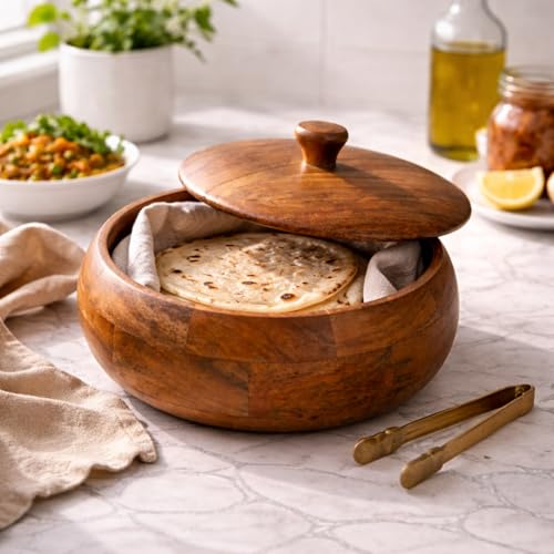 Image of Acacia Wood Roti & Casserole Box (Size: 9 Inch Diameter) | Food-Grade Wooden Bread Storage Container for Roti, Chapati & Breads