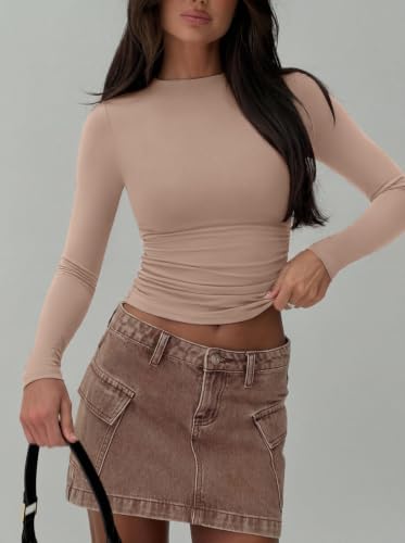 REORIA Women's Mock Neck Ruched Long Sleeve Layering Top Fall Outfit Tan XS — view 5