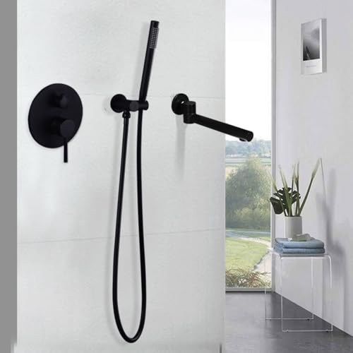 Mitigeur de douche mural noir avec flexible long et pommeau de douche