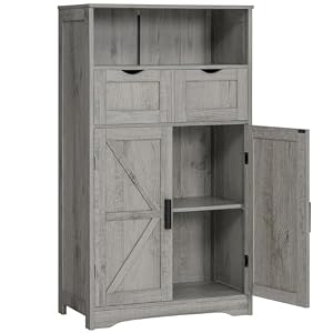 WEENFON Bathroom Cabinet Storage Cabinet with 2 Adjustable Drawers 2 Barn Doors Standing Cupboard with 2 Shelf Floor Cabinet for Living Room Home Office Kitchen Grey