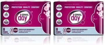 Genial Day Organic Cotton Unscented Eco Certified Super Absorbency Pad with Wings Featuring Odor Control Anion Strip Heavy Flow - 2 Packs of 8