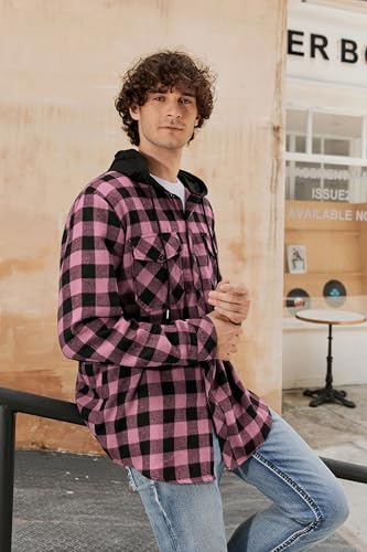 Cromoncent Men's Long Sleeve Hoodie Jacket Plaid Button Down Flannel Shirt Jacket,Hooded Pink Black,Medium — view 4