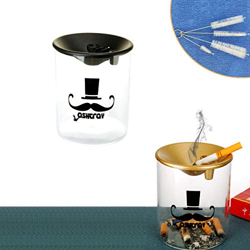 CAIDU 2Pack INS Creative Ashtray, Glass Multif-Ashtray with Lid (Champagne/Black) for Prevent Flying Dust, Living Room and Office Fashion Decorations Ashtray with 4 Sizes SS304 Nylon Brush