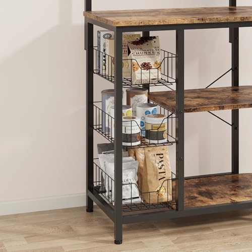 Bestier Kitchen Rack with 3 Wire Basket, 5-Tier Microwave Stand with Open Storage Shelves, Rolling Coffee Bar & Kitchen Shelf with Hooks & Wheels for Kitchen, Dining Room, Living Room, Rustic Brown
