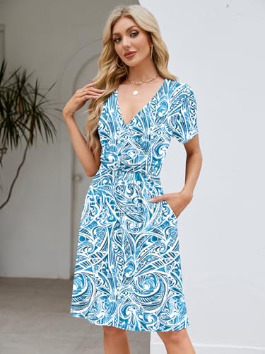 Image of Naggoo Womens Summer Dresses for Women 2026 Spring Floral Sundress Short Sleeve V Neck Wrap Dress with Pockets