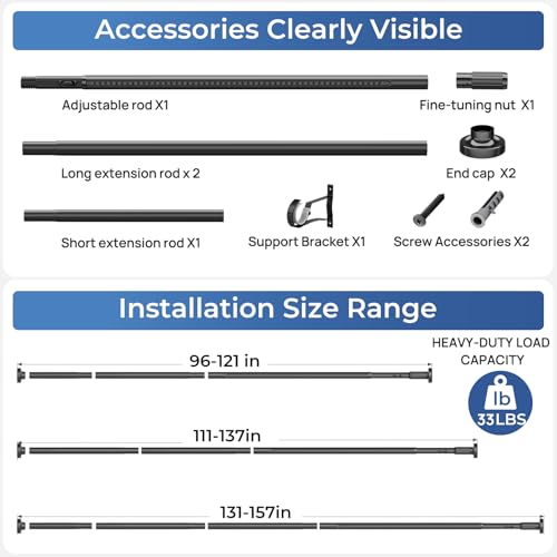 Image of ALLZONE Adjustable Tension Curtain Rod, 40-157 inches, Heavy Duty Curtain Rods No Drilling, Anti-Slip Tension Rod for Window, Shower, Outdoor & Patio, Easy to Install, 1.26In Diameter, Black