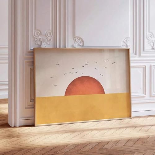 Décoration pour chambre à coucher zen avec cette peinture murale soleil orange et oiseaux
