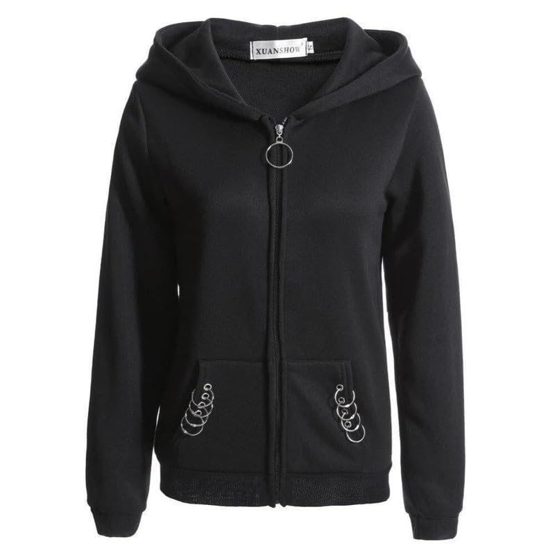 PDK Fashion Solid Black Long Sleeves Zip-up Fleece Hooded Neck Hoodie Metal Rings Sweatshirt for Women's-image-47