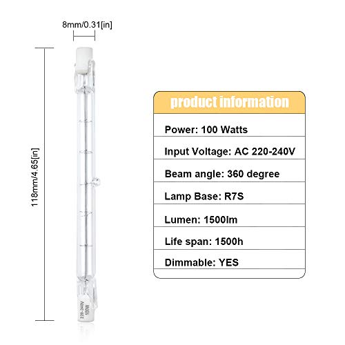Klarlight R7s Halogen 118mm Dimmbar 100W 1300LM J118 Linear Röhre Halogenstab Warmweiß 2800K AC 220-240V 360… – Bild 5