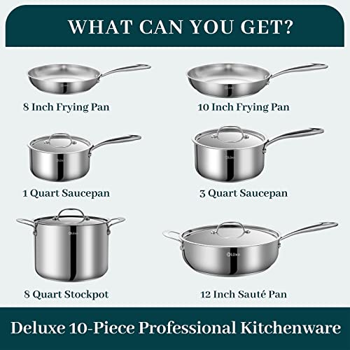 Deluxe Stainless Steel Pot And Pan Set, 10 Pieces Cookware Sets With Frying Pans Saucepan Stockpot Sautepan With Lid, Multipurpose Cooking Pots For Induction Gas Stoves Dishwasher Oven Safe #TOP7