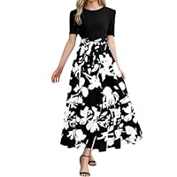 Generico 2025 Vestito Donna Stampa Floreale Maniche Corte Scollo Rotondo Abiti Elegante Orlo a Volant Estivo Vestiti da Cocktail Party (A2-Nero, S)