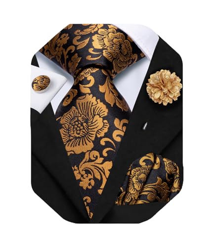 Image of Hi-Tie Black Gold Silk Ties for Men Floral Jacquard Necktie Lapel Pin Pocket Square Cufflinks Sets Formal Business Wedding