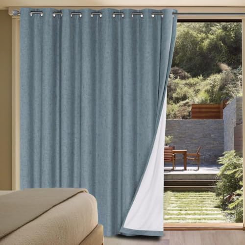 Image of H.VERSAILTEX Linen Blackout Curtains Durable Thick Textured Linen Look 100% Blackout Patio Door Curtain Anti Rust Grommet Extra Wide Sliding Door Curtain Panel, W100 x L84 inch - Stone Blue