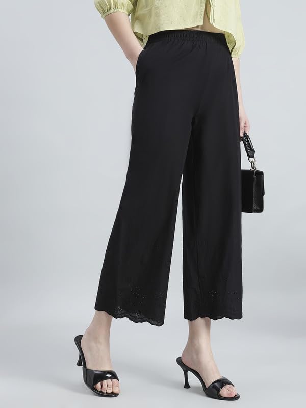 Image of GO COLORS Women Cotton Hakoba Wide Pant Ankle Length, Floral Embroidery, Relaxed Fit, Mid-Rise with Side Pocket
