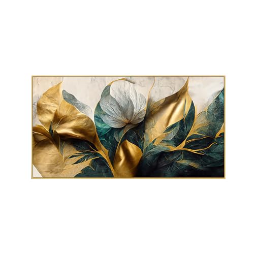 Image of DEKORSTATION Luxurious Golden Flower Canvas Art Elegant Floating Framed Painting for Bedroom, Living Room, Drwaing Room Wall Decoration Size : 18x36 Inches