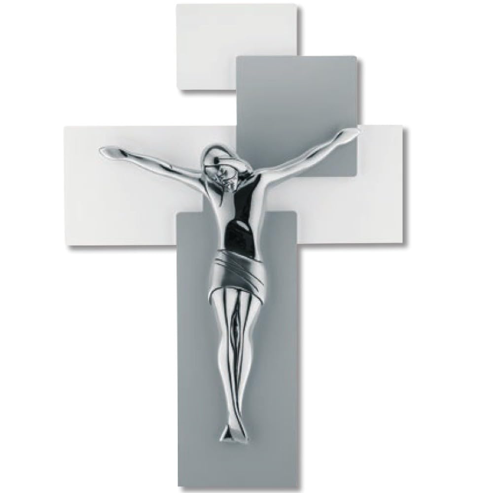 Crocefisso Moderno Da Parete - 42x30cm, Cristo Argento, Legno Bianco/Grigio - Foto 10