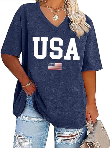 Plus Size V-Neck 4th of July T Shirt Women Distressed American Flag Graphic Tees Casual Loose Patriotic Shirts Tops