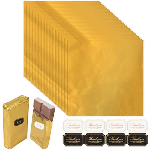100 Stück Goldfolie zum Basteln Schokoladen Verpackung, Folie Papier Wrapper 20 x 20 cm Goldenes Aluminiumfolie Schokolade Papier mit 100 StückSchokoladenaufkleber für DIY Dekoration