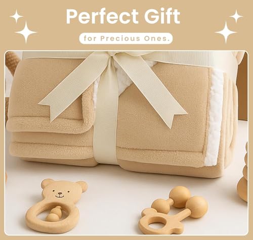 Image of VAS COLLECTIONS Baby Blanket Gift Set | 2-Layer Flannel & Sherpa Wrapping Sheet | Ultra Soft & Cozy | Newborn Boys & Girls | All-Season AC Blanket (130x105 cm, 800 g) (Gift Beige, Baby (800g))